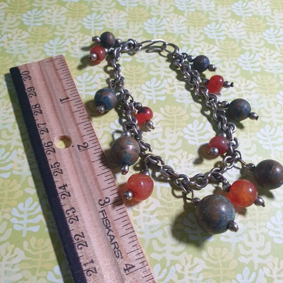 Vintage Bronze Tone Chain Bracelet Beads Hook Closure 8 In Long Orange Green - Picture 3 of 5